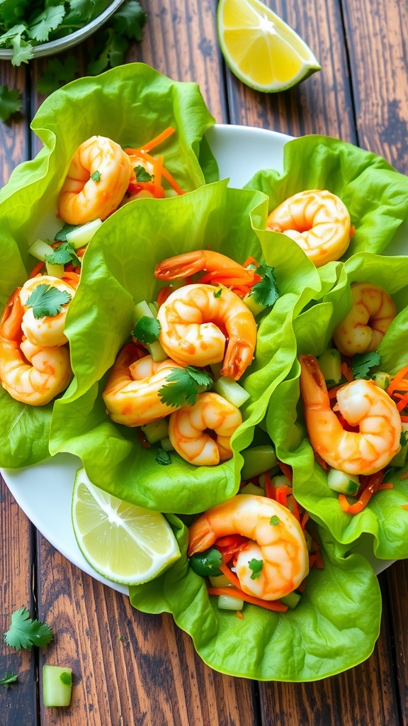 Spicy shrimp lettuce wraps filled with shrimp, carrots, and cucumbers, garnished with cilantro and lime on a rustic table.
